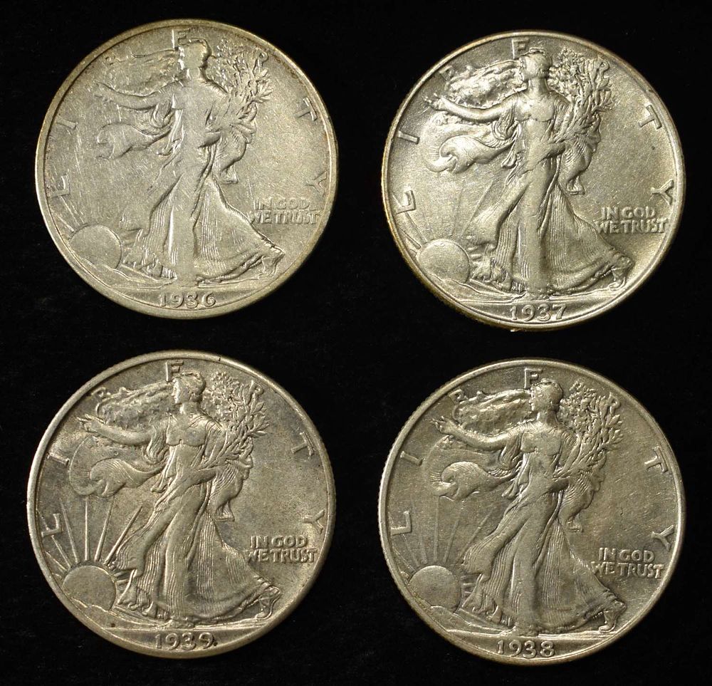 1936, 37, 38, 39 WALKING LIBERTY HALF DOLLARS. TOP RATED AUCTION HOUSE ESTIMATE $130 - $150.