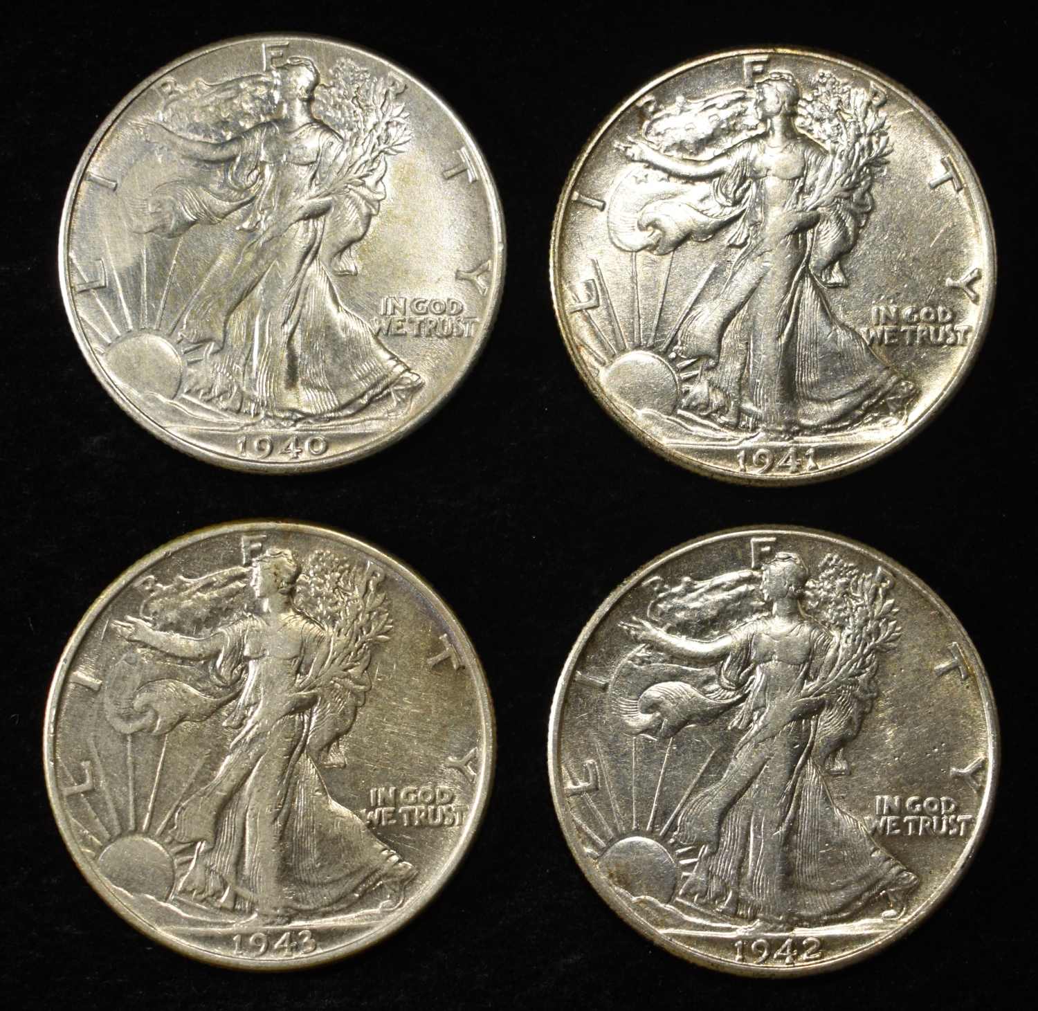 1940, 41, 42, 43 WALKING LIBERTY HALF DOLLARS AU