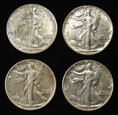 1940, 41, 42, 43 WALKING LIBERTY HALF DOLLARS AU. WEEKLY COIN & CURRENCY AUCTIONS ESTIMATE $150 
