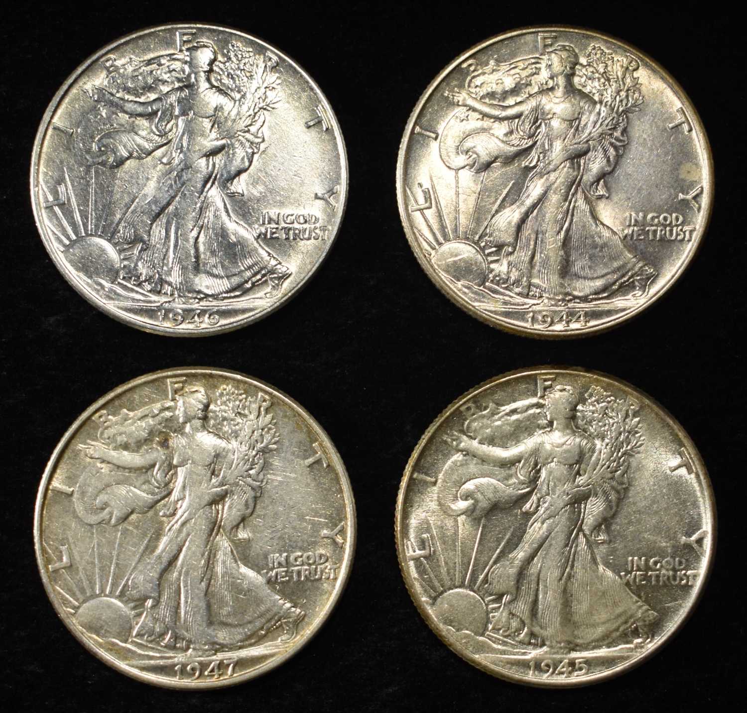 1944, 45, 46, 47 WALKING LIBERTY HALF DOLLARS AU