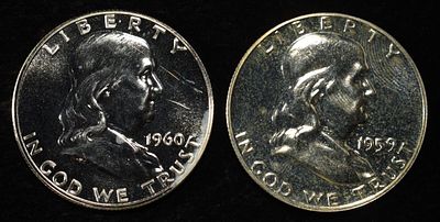 1959 & 1960 FRANKLIN HALF DOLLARS CH PROOF. BID WITH SILVER CITY AUCTIONS ESTIMATE $80 - $100.