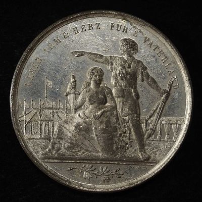 1879 SWISS SHOOTING MEDAL BASEL WHITE METAL. CHECK OUT OUR UPCOMING AUCTIONS ESTIMATE $400 - $500.