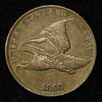 1858 FLYING EAGLE CENT AU. CHECK OUT OUR UPCOMING AUCTIONS ESTIMATE $420 - $470.