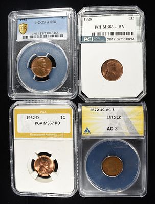 (4) GRADED CENTS. 1872 INDIAN CENT ANACS AG3, 1928 WHEAT CENT PCI GEM BU BN, 1952-D WHEAT CENT 