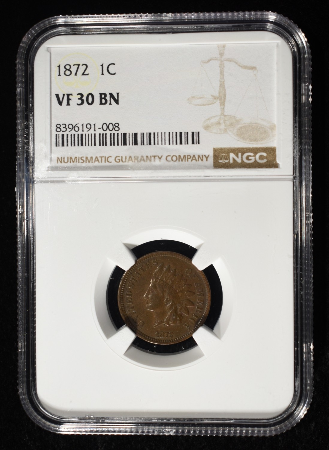 1872 INDIAN CENT NGC VF30BN