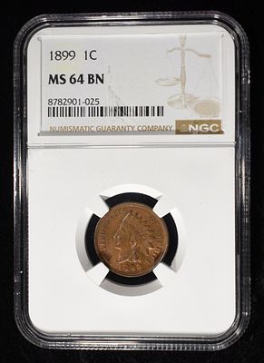 1899 INDIAN CENT NGC MS64BN. CHECK OUT OUR UPCOMING AUCTIONS ESTIMATE $100 - $150.