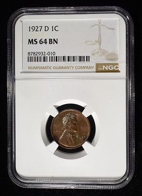1927-D WHEAT CENT NGC MS64 BN. TOP RATED AUCTION HOUSE ESTIMATE $170 - $220.