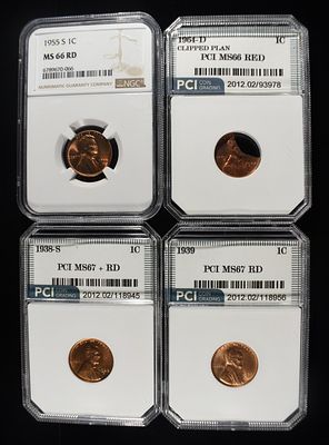(4) GRADED LINCOLN CENTS. 1939 WHEAT CENT PCI SUPERB GEM BU RD, 1938-S WHEAT CENT PCI SUPERB GEM 