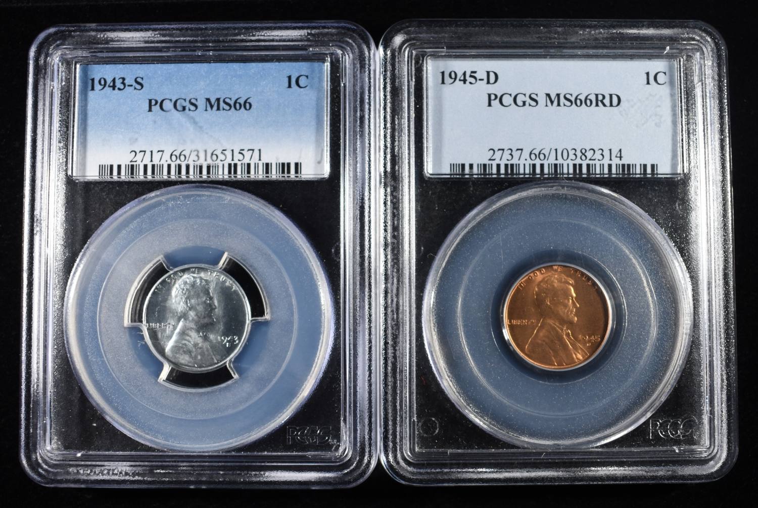 1943-S & 1945-D RD WHEAT CENTS PCGS MS66