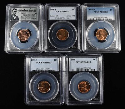 (5) PCGS GRADED LINCOLN CENTS. 1945-S, 1948-S, 1955-S & 1956 WHEAT CENTS PCGS MS64RD-MS66RD & 