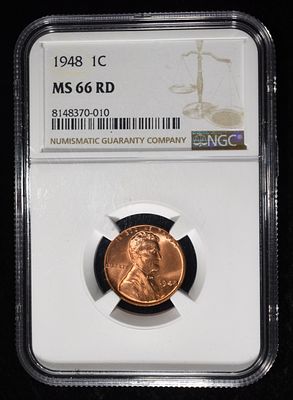 1948 WHEAT CENT NGC MS66RD. BID WITH SILVER CITY AUCTIONS ESTIMATE $120 - $170.