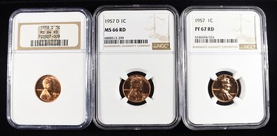 (3) NGC GRADED WHEAT CENTS. 1957 WHEAT CENT NGC PF67RD, 1957-D WHEAT CENT NGC MS66RD & 1958-D 