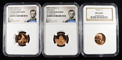 (3) NGC GRADED LINCOLN CENTS. 1954-D WHEAT CENT NGC MS66RD, 2009-S BRONZE PRESIDENCY CENT NGC 