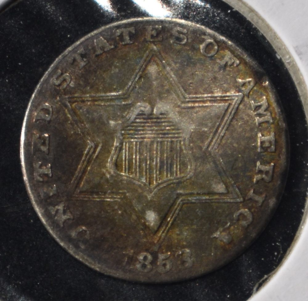 1858 3-CENT SILVER XF. WEEKLY COIN & CURRENCY AUCTIONS ESTIMATE $160 - $210.