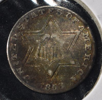 1858 3-CENT SILVER XF. WEEKLY COIN & CURRENCY AUCTIONS ESTIMATE $160 - $210.