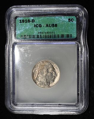 1916-D BUFFALO NICKEL ICG AU58. LEADERS IN ON-LINE AUCTIONS ESTIMATE $210 - $260.
