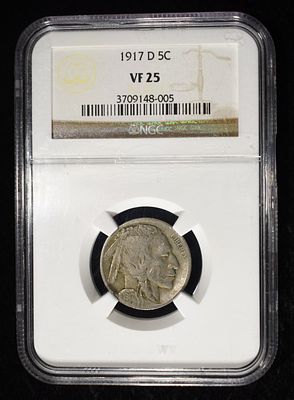 1917-D BUFFALO NICKEL NGC VF25. WEEKLY COIN & CURRENCY AUCTIONS ESTIMATE $120 - $170.