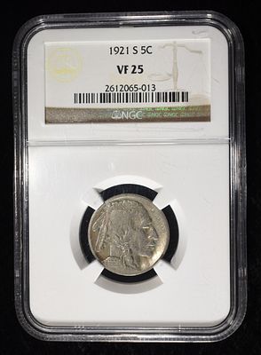 1921-S BUFFALO NICKEL NGC VF25. TOP RATED AUCTION HOUSE ESTIMATE $450 - $500.