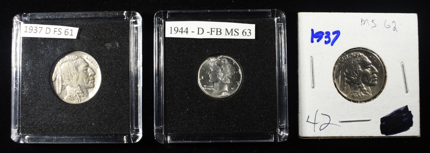 1944-D MERCURY DIME & 1937-P&D BUFFALO NICKELS