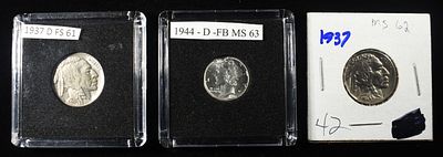 1944-D MERCURY DIME & 1937-P&D BUFFALO NICKELS. BID WITH SILVER CITY AUCTIONS ESTIMATE $90 - $130.