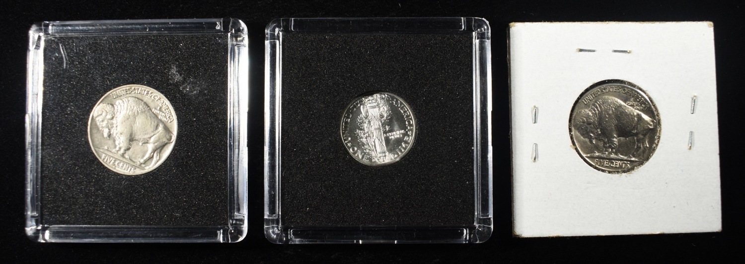 1944-D MERCURY DIME & 1937-P&D BUFFALO NICKELS