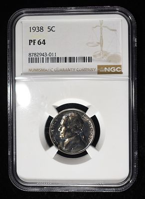 1938 JEFFERSON NICKEL NGC PF64. LEADERS IN ON-LINE AUCTIONS ESTIMATE $80 - $120.