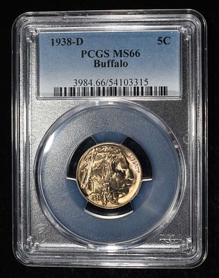 1938-D BUFFALO NICKEL PCGS MS-66. BID WITH SILVER CITY AUCTIONS ESTIMATE $100 - $130.