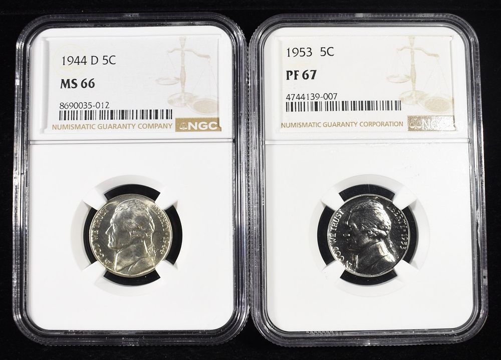 (2) NGC GRADED NICKELS. 1944-D WAR NICKEL NGC MS66 & 1953 JEFFERSON NICEKL NGC PF67 ESTIMATE $80 