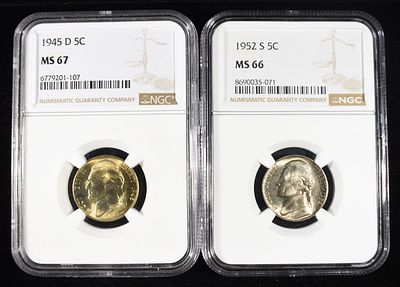 (2) NGC GRADED NICKELS. 1945-D WAR NICKEL NGC MS67 & 1952-S JEFFERSON NICKEL NGC MS66 ESTIMATE 