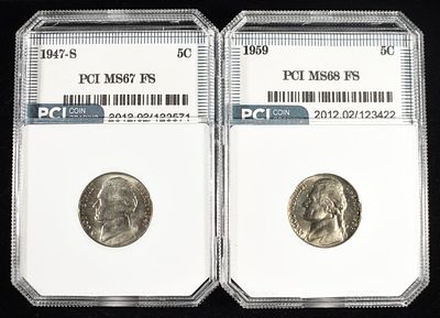 1947-S & 1959 JEFFERSON NICKELS PCI SUPERB GEM FS. BID WITH SILVER CITY AUCTIONS ESTIMATE $100 - 