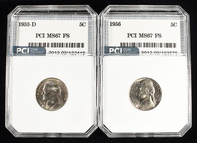 1952-D & 56 JEFFERSON NICKELS PCI SUPERB GEM BU FS. LEADERS IN ON-LINE AUCTIONS ESTIMATE $100 - $150.