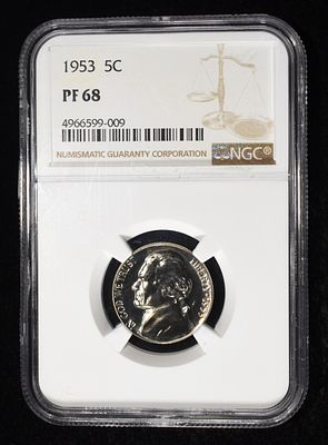 1953 JEFFERSON NICKEL NGC PF68. BID WITH SILVER CITY AUCTIONS ESTIMATE $90 - $130.