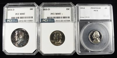 (3) GRADED COINS. 1976-S JEFFERSON NICKEL SEGS PERFECT GEM PROOF DCAM, 1953-D WASHINGTON QUARTER 