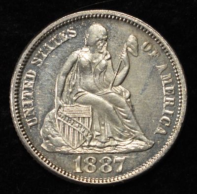 1887 SEATED LIBERTY DIME GEM PROOF. TOP RATED AUCTION HOUSE ESTIMATE $600 - $700.