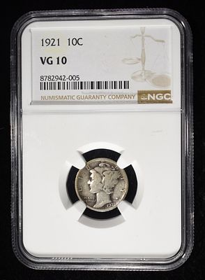 1921 MERCURY DIME NGC VG10. TOP RATED AUCTION HOUSE ESTIMATE $90 - $130.