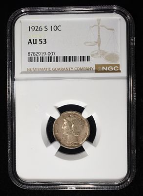 1926-S MERCURY DIME NGC AU53. BID WITH SILVER CITY AUCTIONS ESTIMATE $480 - $525.