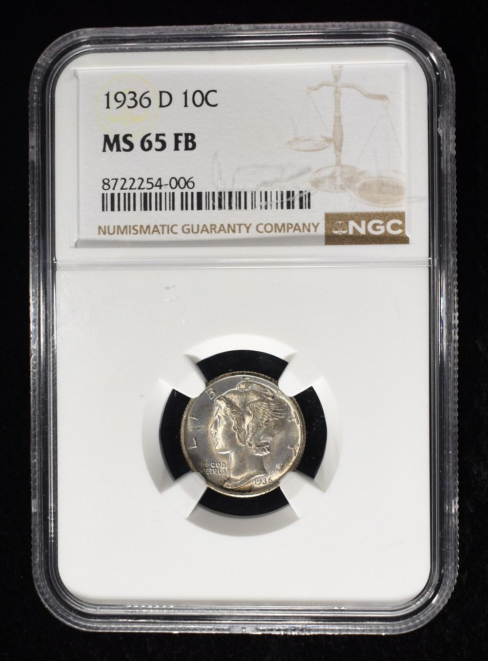 1936-D MERCURY DIME NGC MS65 FB. BID WITH SILVER CITY AUCTIONS ESTIMATE $260 - $310.
