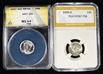 (2) GRADED MERCURY DIMES. 1937 MERCURY DIME ANACS MS64 FSB & 1939-D MERCURY DIME PGA SUPERB GEM 