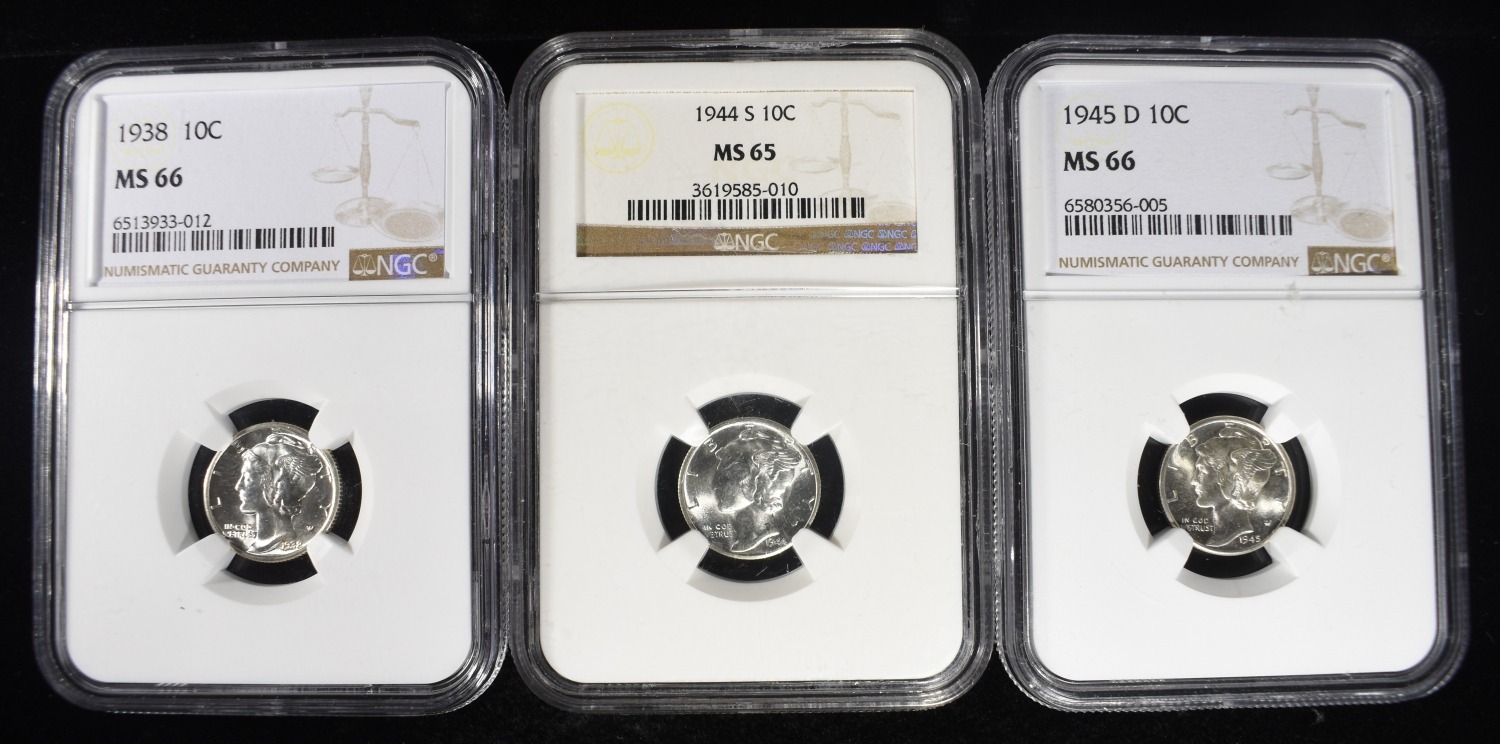 1938, 1944-S & 1945-D MERCURY DIMES NGC MS65-66