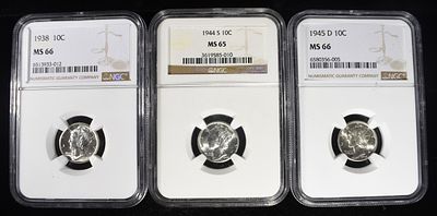 1938, 1944-S & 1945-D MERCURY DIMES NGC MS65-66. BID WITH SILVER CITY AUCTIONS ESTIMATE $140 - $190.