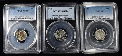 (3) PCGS GRADED DIMES. 1921 MERCURY DIME PCGS F15, 1950 ROOSEVELT DIME PCGS MS66FB OMAHA BANK 