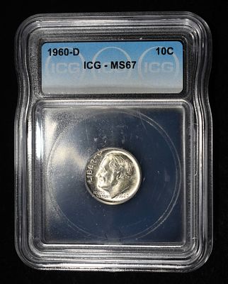 1960-D ROOSEVELT DIME ICG MS67. LEADERS IN ON-LINE AUCTIONS ESTIMATE $90 - $130.