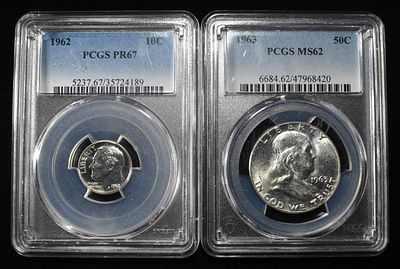 DIME & HALF DOLLAR NGC GRADED COINS. 1962 ROOSEVELT DIME PCS PR67 & 1963 FRANKLIN HALF DOLLAR 