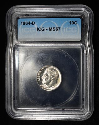 1964-D ROOSEVELT DIME ICG MS67. TOP RATED AUCTION HOUSE ESTIMATE $75 - $100.