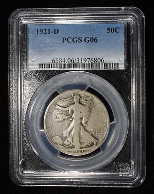 1921-D WALKING LIBERTY HALF DOLLAR PCGS G06. CHECK OUT OUR UPCOMING AUCTIONS ESTIMATE $380 - $430.