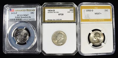 (3) GRADED WASHINGTON QUARTERS. 1934-D DDO WASHINGTON QUARTER PCI VF, 1950-D WASHINGTON QUARTER 