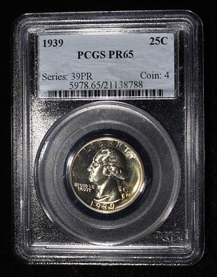 1939 WASHINGTON QUARTER PCGS PR65. CHECK OUT OUR UPCOMING AUCTIONS ESTIMATE $190 - $240.