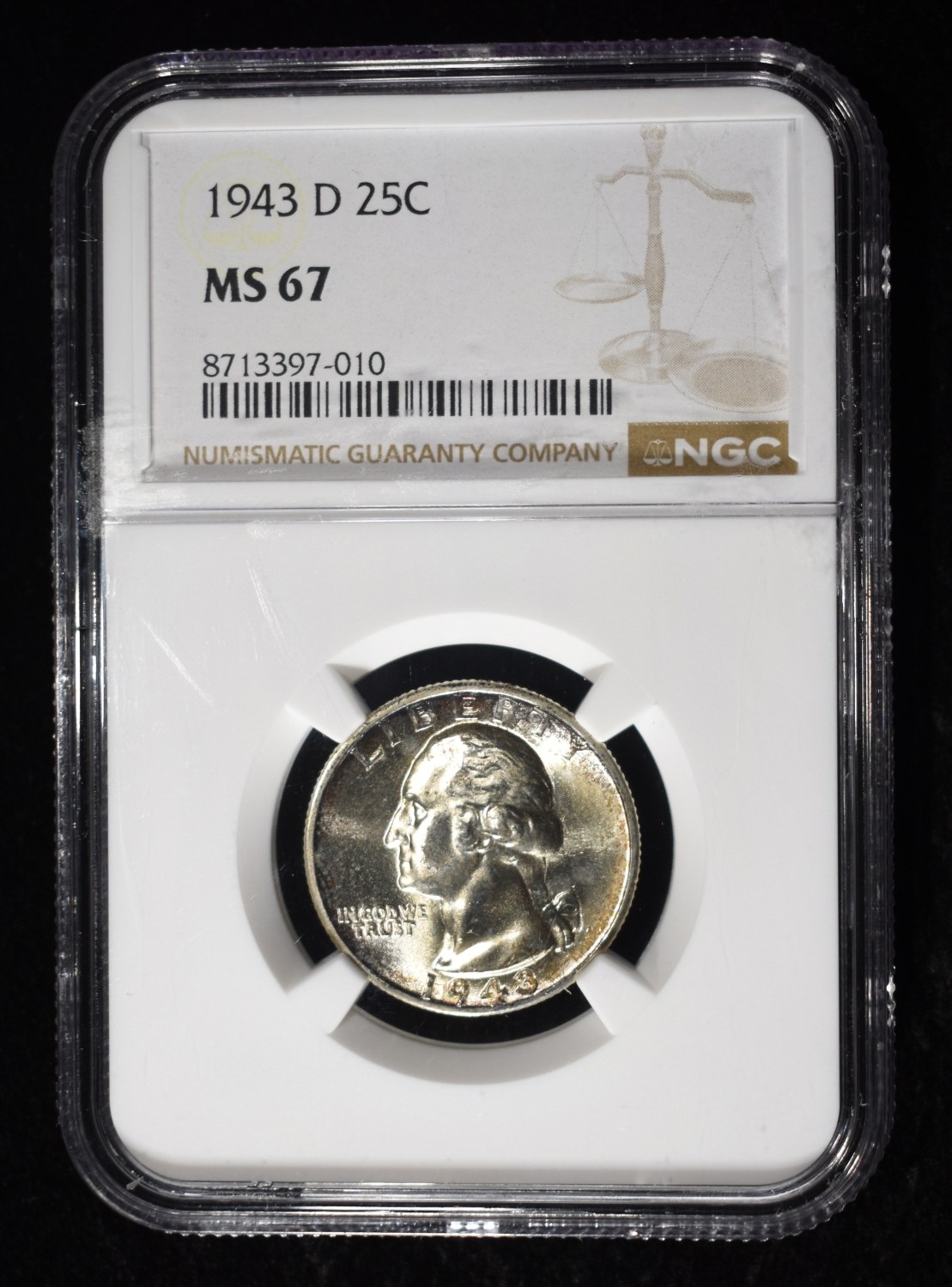 1943-D WASHINGTON QUARTER NGC MS67