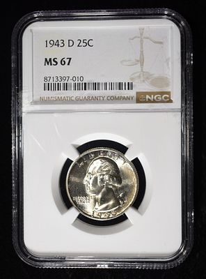 1943-D WASHINGTON QUARTER NGC MS67. WEEKLY COIN & CURRENCY AUCTIONS ESTIMATE $500 - $600.