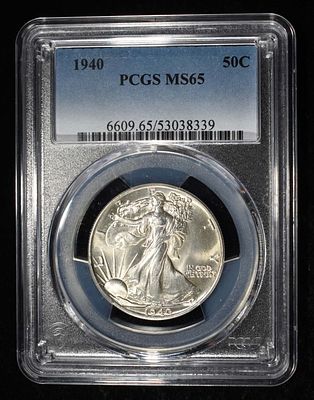 1940 WALKING LIBERTY HALF PCGS MS-65. LEADERS IN ON-LINE AUCTIONS ESTIMATE $150 - $200.